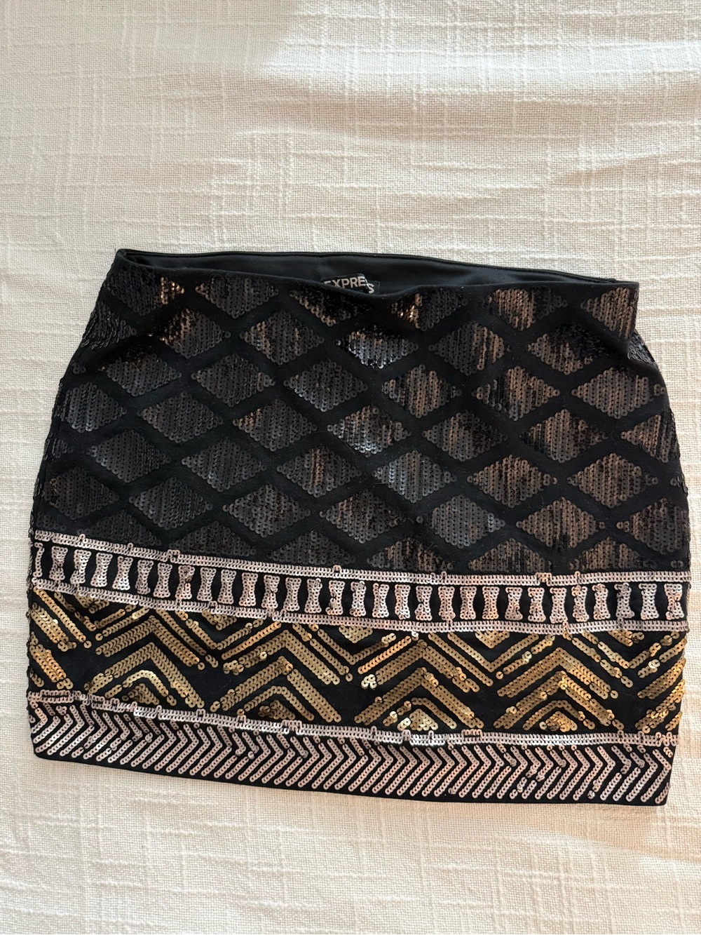 Express Black Mini Skirt with Gold and Rose-Gold Sequin Detail